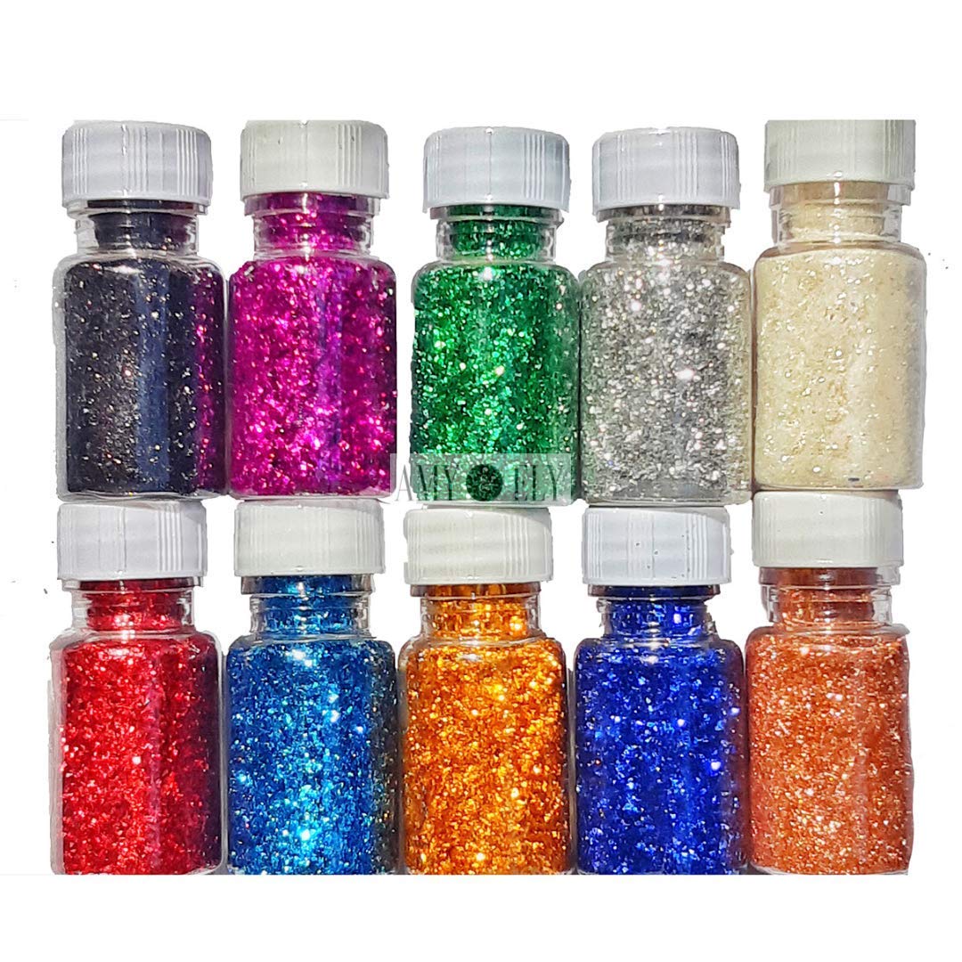 AMY & ELY Pack of 10, Rangoli Glitter Powder 15g Each, Total 150g with Free Plastic Nozzle and 100ml Clear Bottle
