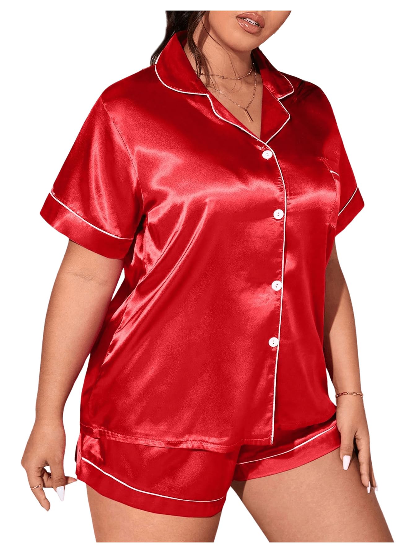 WDIRARA Women's Plus Sleepwear Satin Short Sleeve Shirt and Shorts Pajama Set Burgundy X-Large Plus