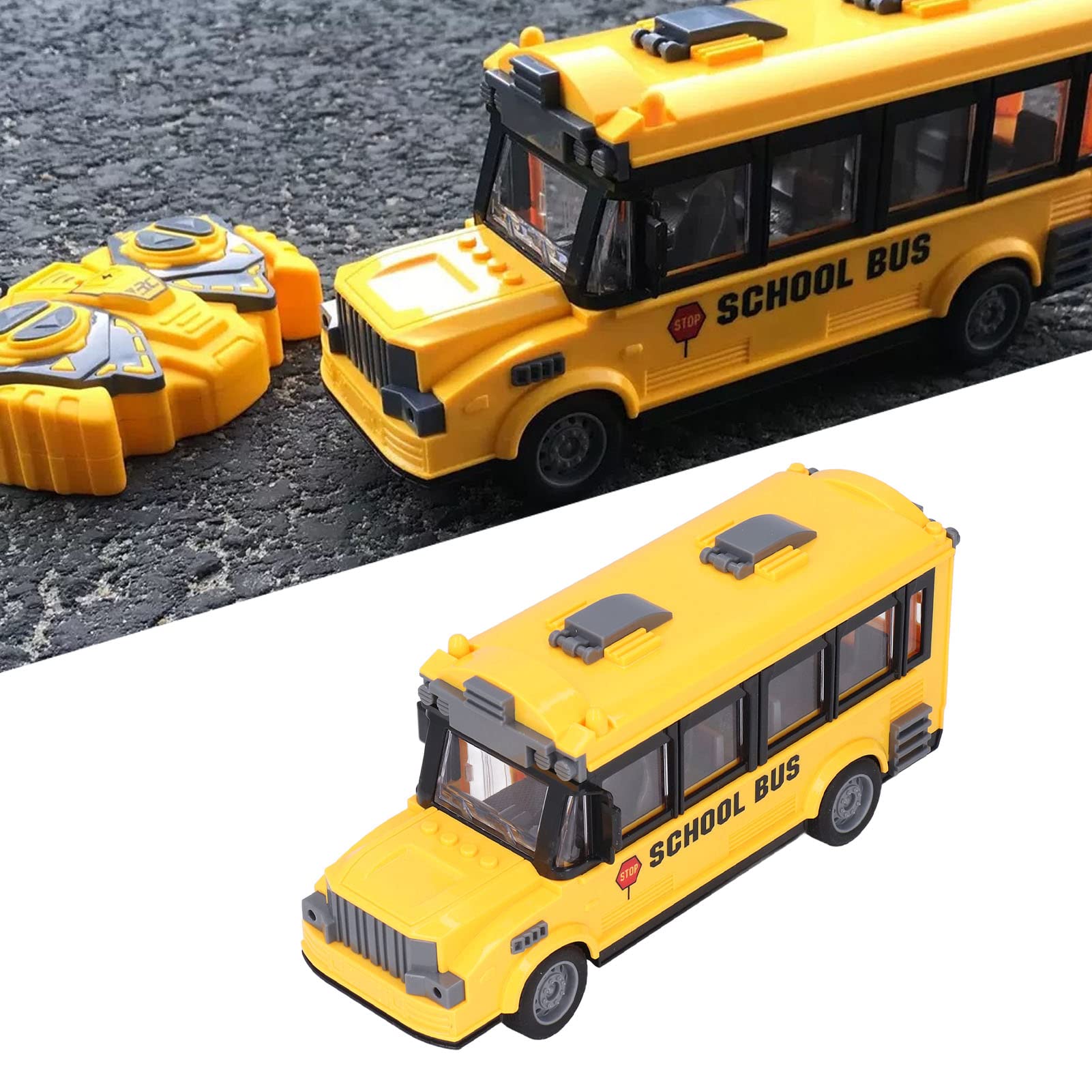 Scuolabus giocattolo, auto telecomandata scala 1/30 con luci anteriori e carrozzeria, apertura manuale porta cabina destra, veicolo giocattolo per bambini e collezionisti adulti