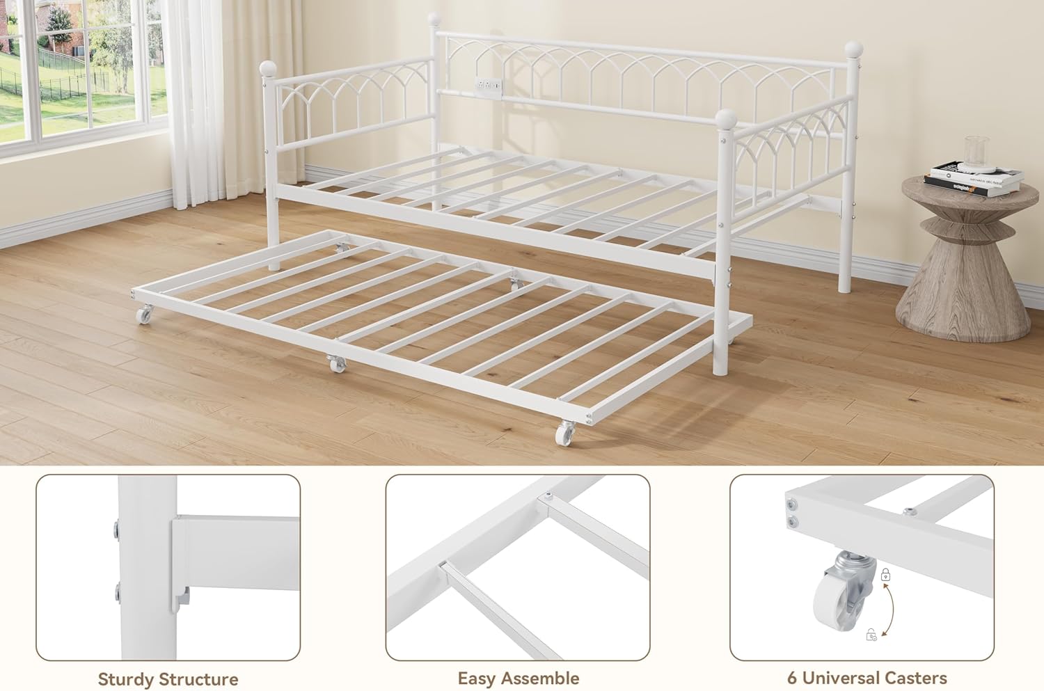 IDEALHOUSE Twin Daybed with Trundle, Day Bed with Charging Station and LED Lights, Heavy Duty Metal Bed Frame, Metal Sofa Bed Frame with Steel Slat Support for Living Room, Bedroom, Apartment, White