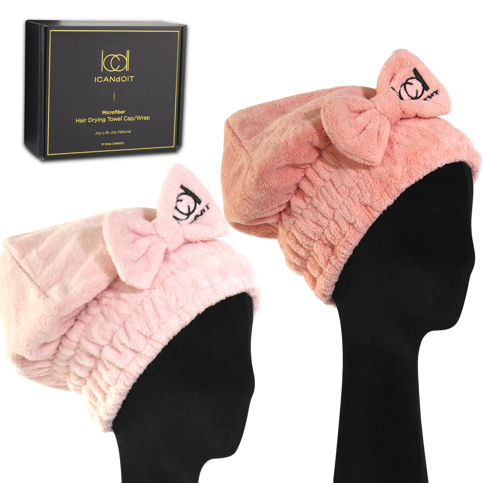 ICANdOIT Super Absorb Microfiber Hair Towel Caps for All Hair Style,Bow,2 Packs Quick Drying Hair Turban-Perfect for Women and Kids(DarkPink+Lightpink)