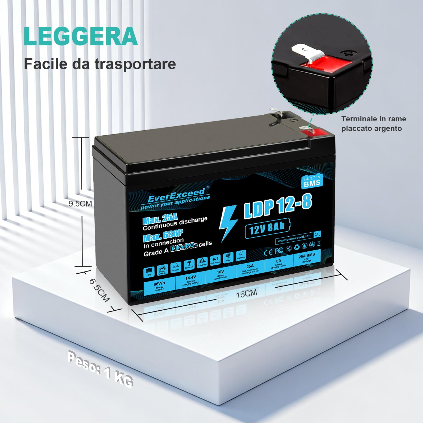 Batteria Lifepo4 12V 8Ah con BMS da 25A integrato, oltre 3000 cicli di carica profonda Batteria Litio 12V per UPS, Power Wheels, energia solare/eolica, illuminazione, ecoscandaglio e altro ancora