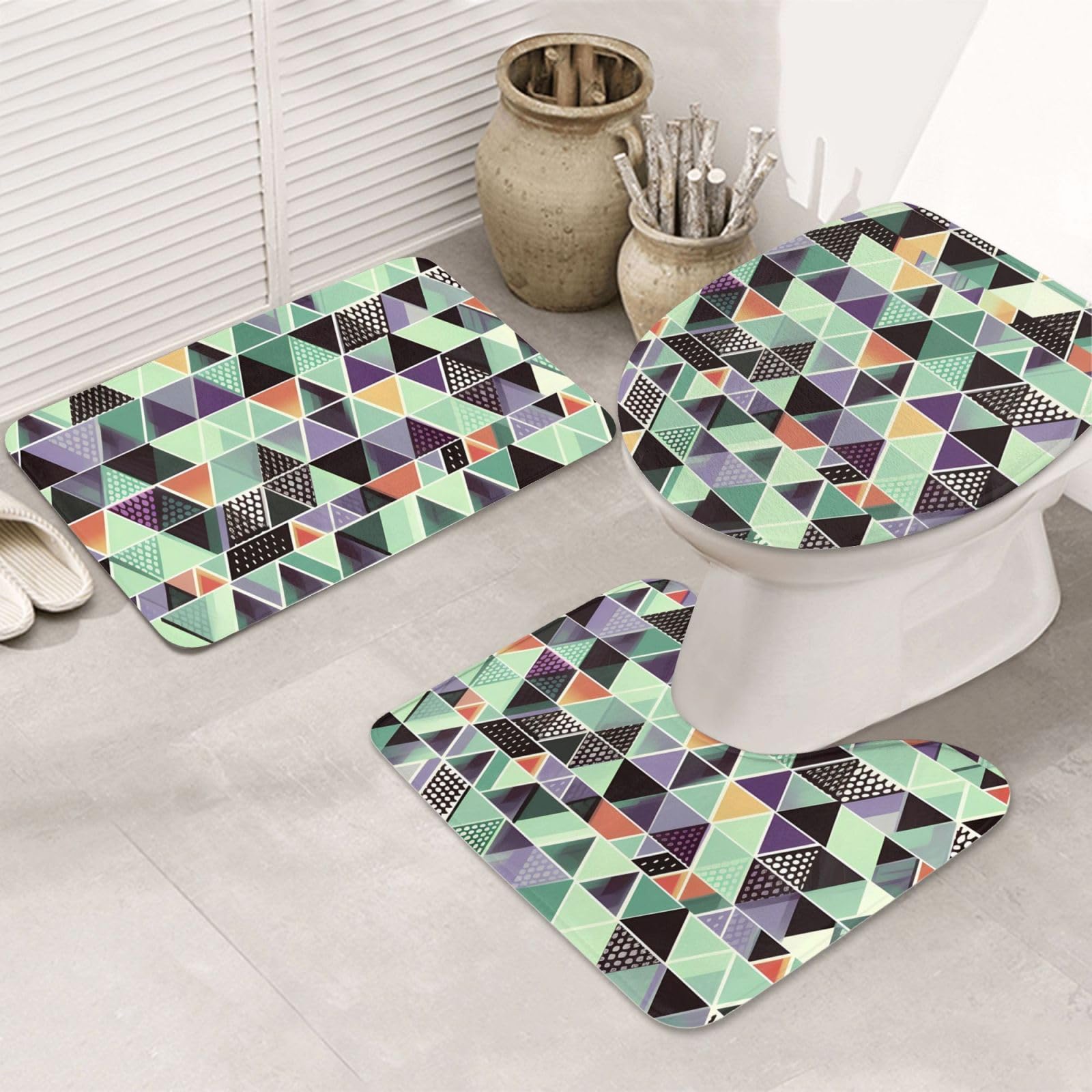 Set di 3 tappetini da bagno geometrici triangolari in flanella morbida antiscivolo con coperchio per la decorazione della casa