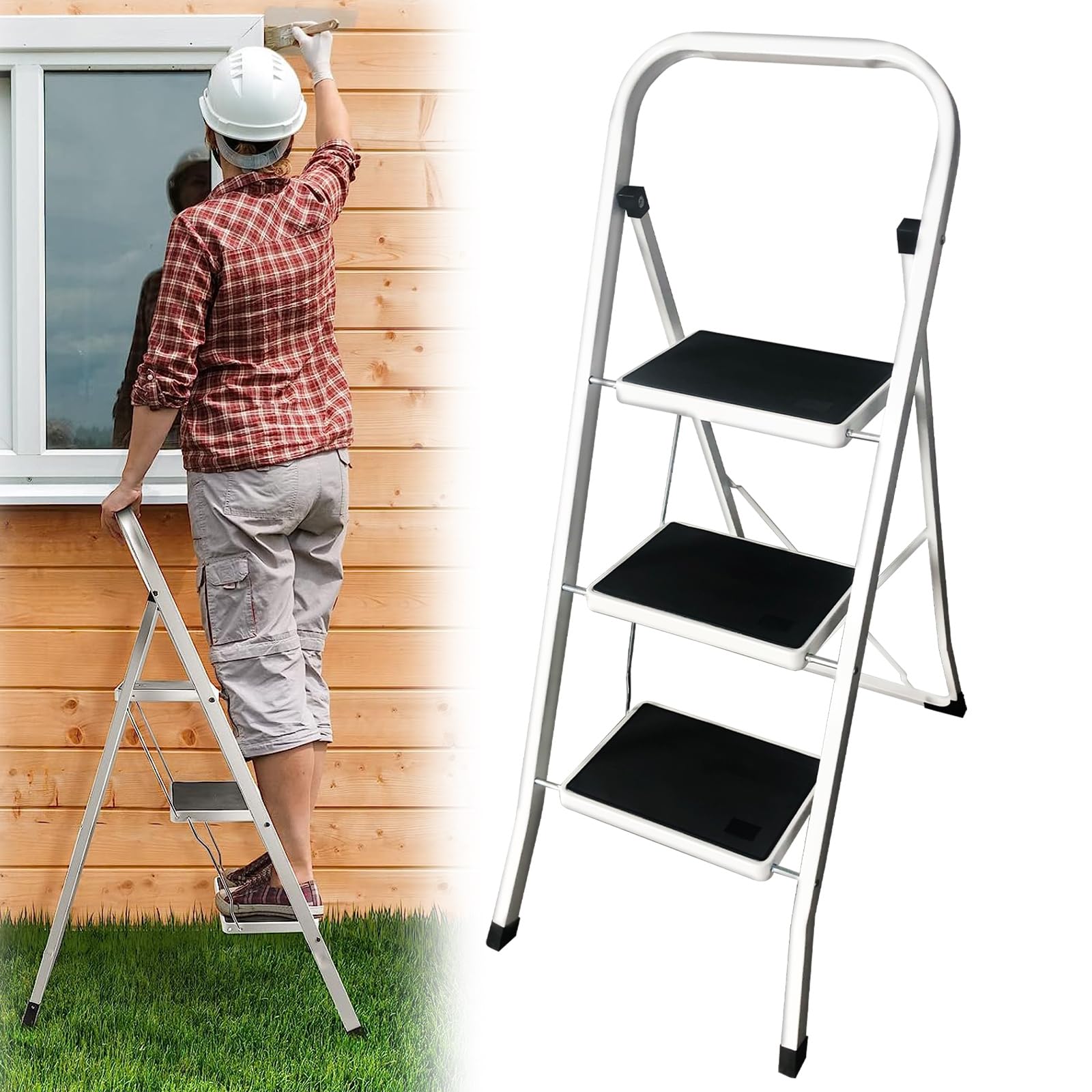 Folding 3 Step Stool with Handrail for Adults, Lightweight Kitchen Steps Fold Away 3 Steps, Heavy Duty Steel Folding Step Ladder 3 Step Collapsible Stool Ladder with Wide Pedals, 330Lbs Max Capacity