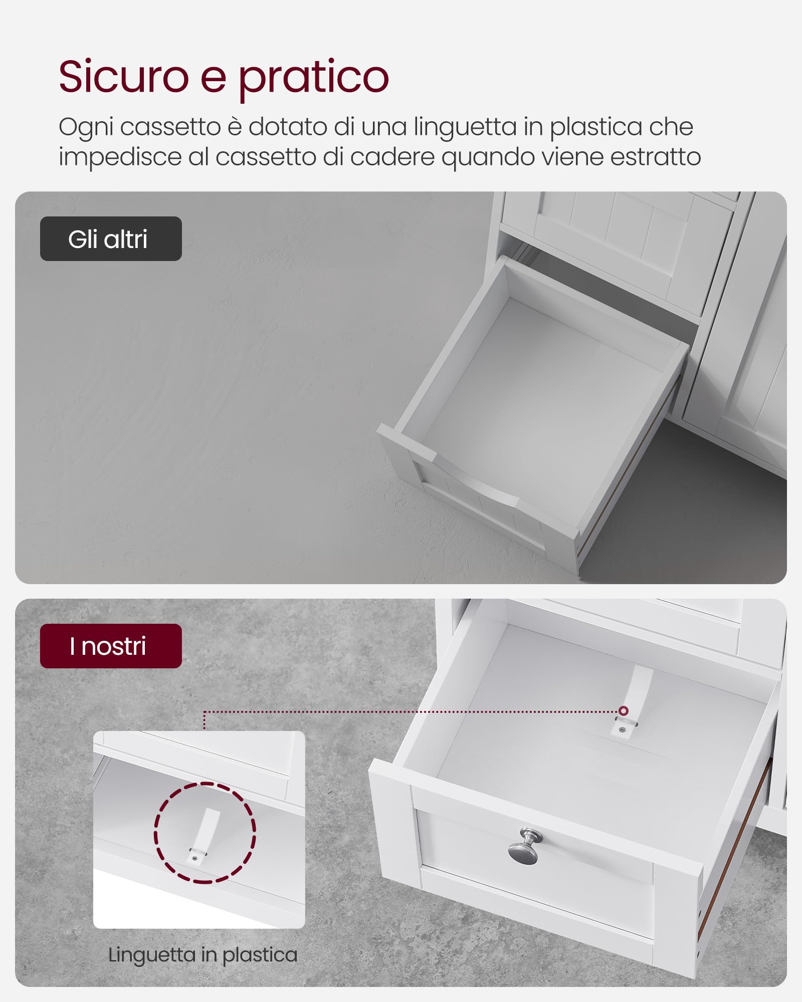 VASAGLE Mobile da Bagno, Armadio da Bagno, Armadietto Autoportante, con 3 Cassetti, Ripiani Regolabili, 30 x 60 x 80 cm, Bianco BBC542P31V1