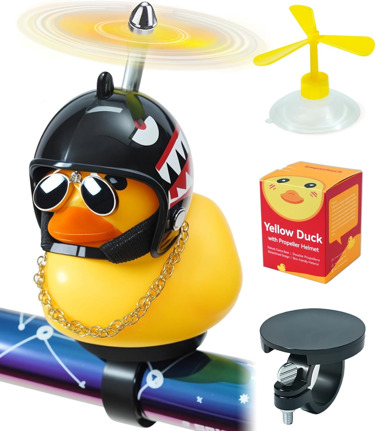 Rubber Duck Bike Decorations [New Stable Clamp Mount] Cute Squeak Duck Bike Bell [Two Helmet Propeller] Funny Bike Accessories e Scooter Accessories Motorcycle Accessories Cycling Gifts