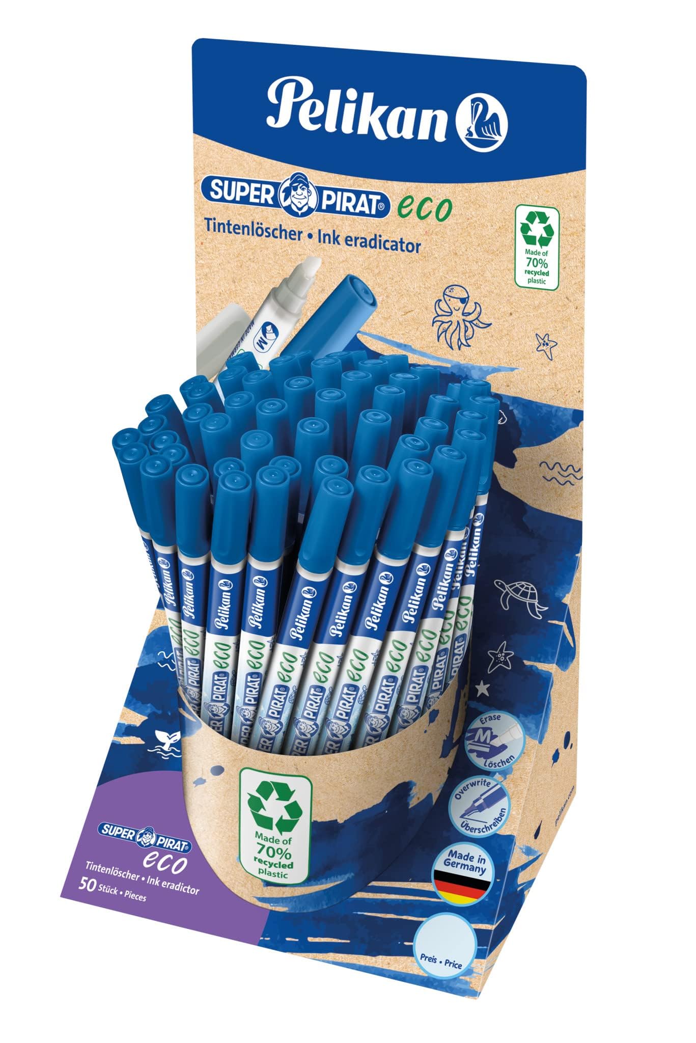Pelikan Tintenlöscher Super Pirat eco, Strichstärke M (Multispitze) Tintenkiller zum Löschen und Überschreiben, 50 Stück