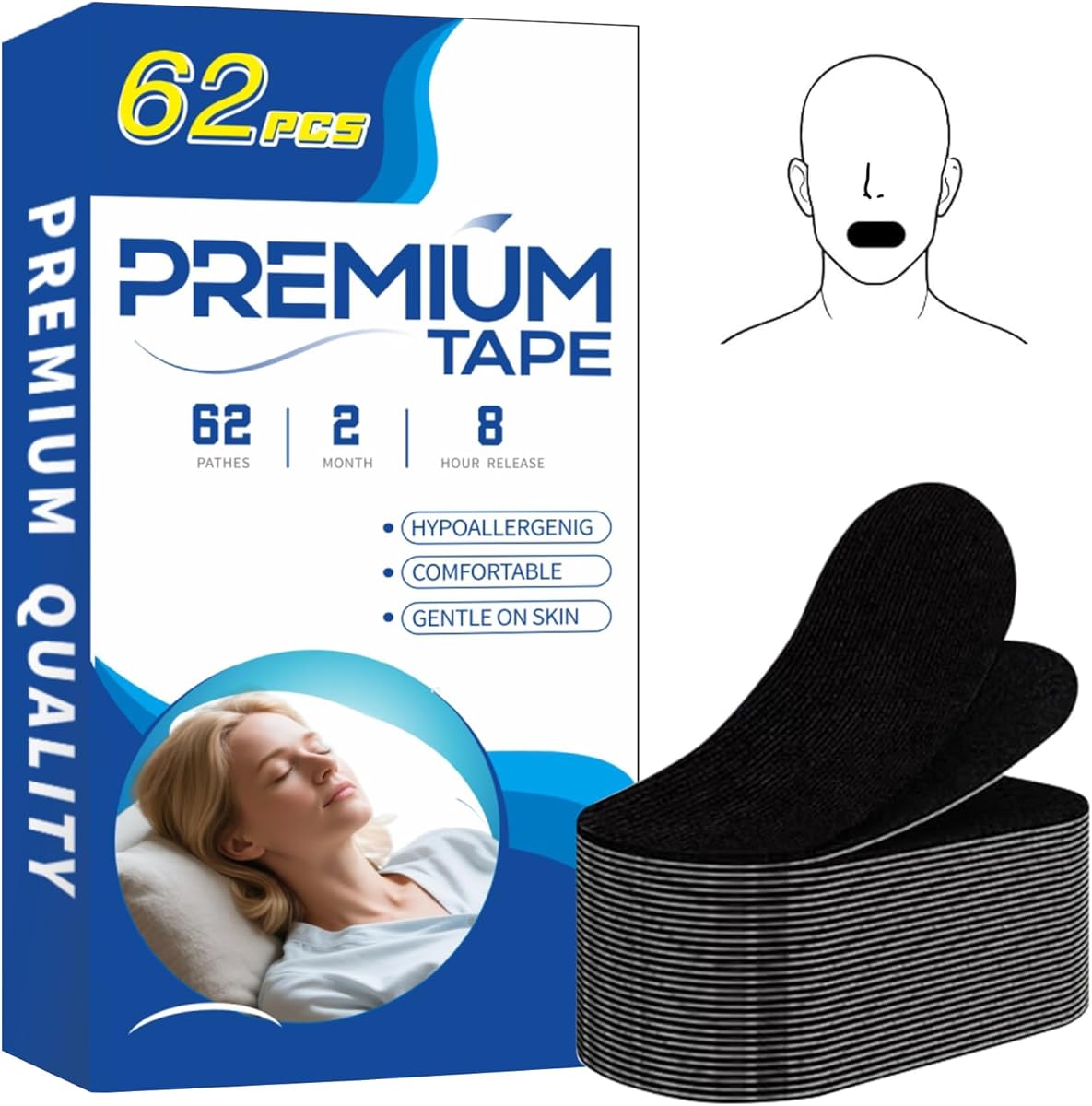 Mouth Tape for Sleeping, 62 Pieces, Helps Stop Snoring and Develops Nasal Breathing Habits, Mouth Strips for Sleeping, Reduce Snoring, Improve Sleep Quality, Snoring Aids for Men Women