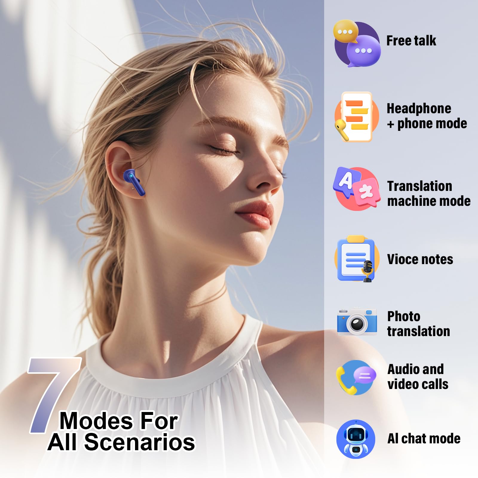 VEKJ AI Auriculares traductor en Tiempo Real, Auriculares Traductores de 164 Idiomas con Audio y Videollamadas, 42H 3 en 1 Cascos Inalambricos Azul