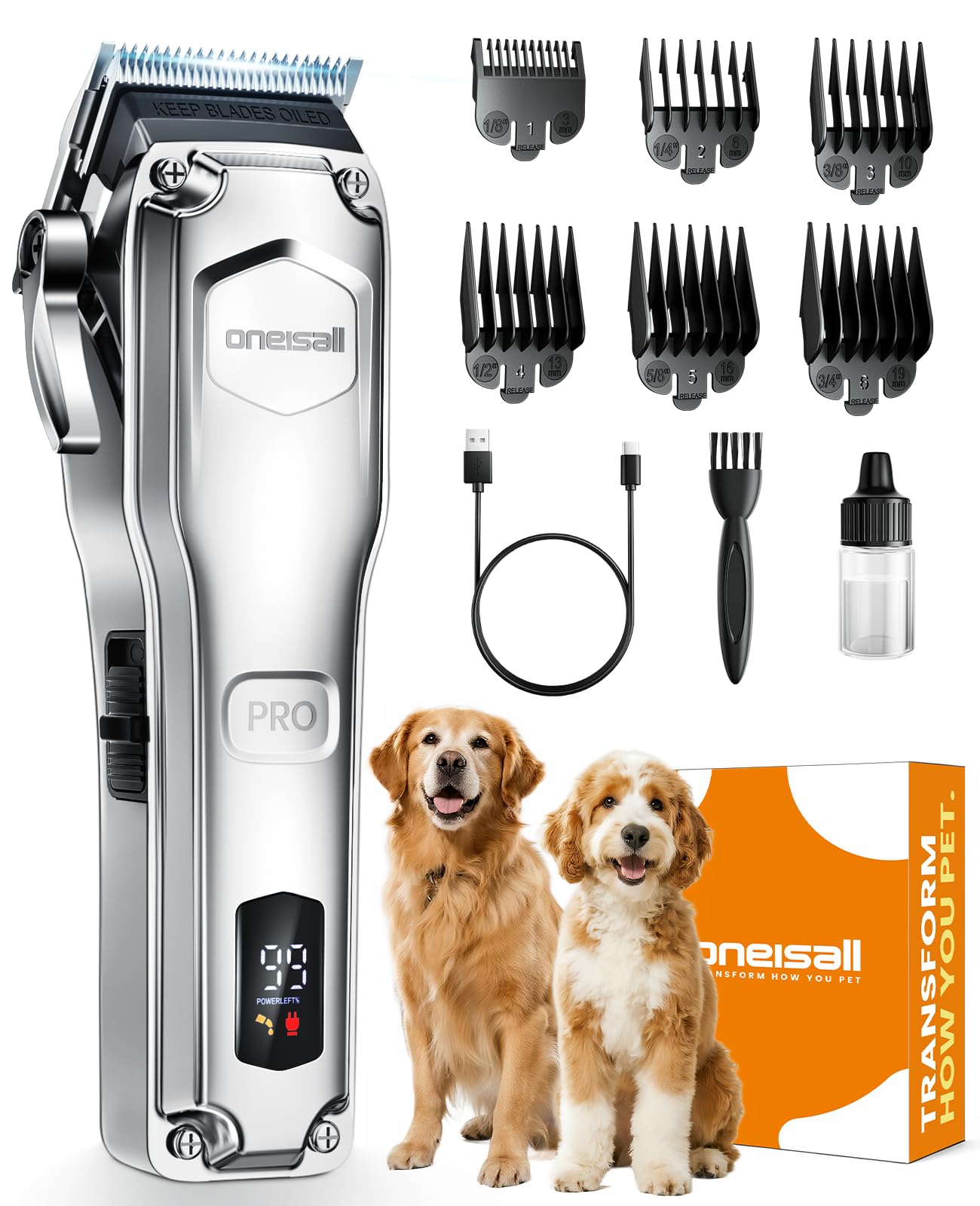 oneisall Tosatrice professionale silenziosa per cani a pelo lungo e folto, tosatrice per cani con lama rimovibile in acciaio inossidabile, cane gatto cavallo, 4 ore di autonomia