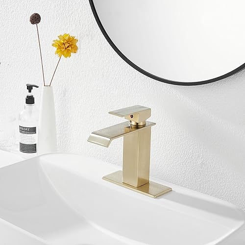 Miniatura 7 de GGStudy - Grifo de baño tipo cascada de oro cepillado para fregadero de baño, montaje en cubierta, manija única, 1 agujero, grifo de tocador de baño