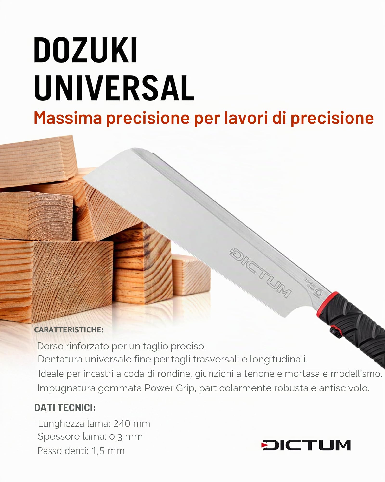 DICTUM Set di 3 seghe giapponesi – Dozuki, Kataba & Ryoba | Set professionale con Power Grip | sega giapponese originale e sega di precisione per lavori precisi