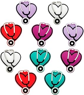 10Pcs Heart Shape Stethophone Silicone Beads Nurse Silicone Focal Beads Mix Color Silicone Stethophone Beads Charms Rubber Beads Bulk DIY Crafts Loose Spacer Beads for Pens Keychain Bracelet Making
