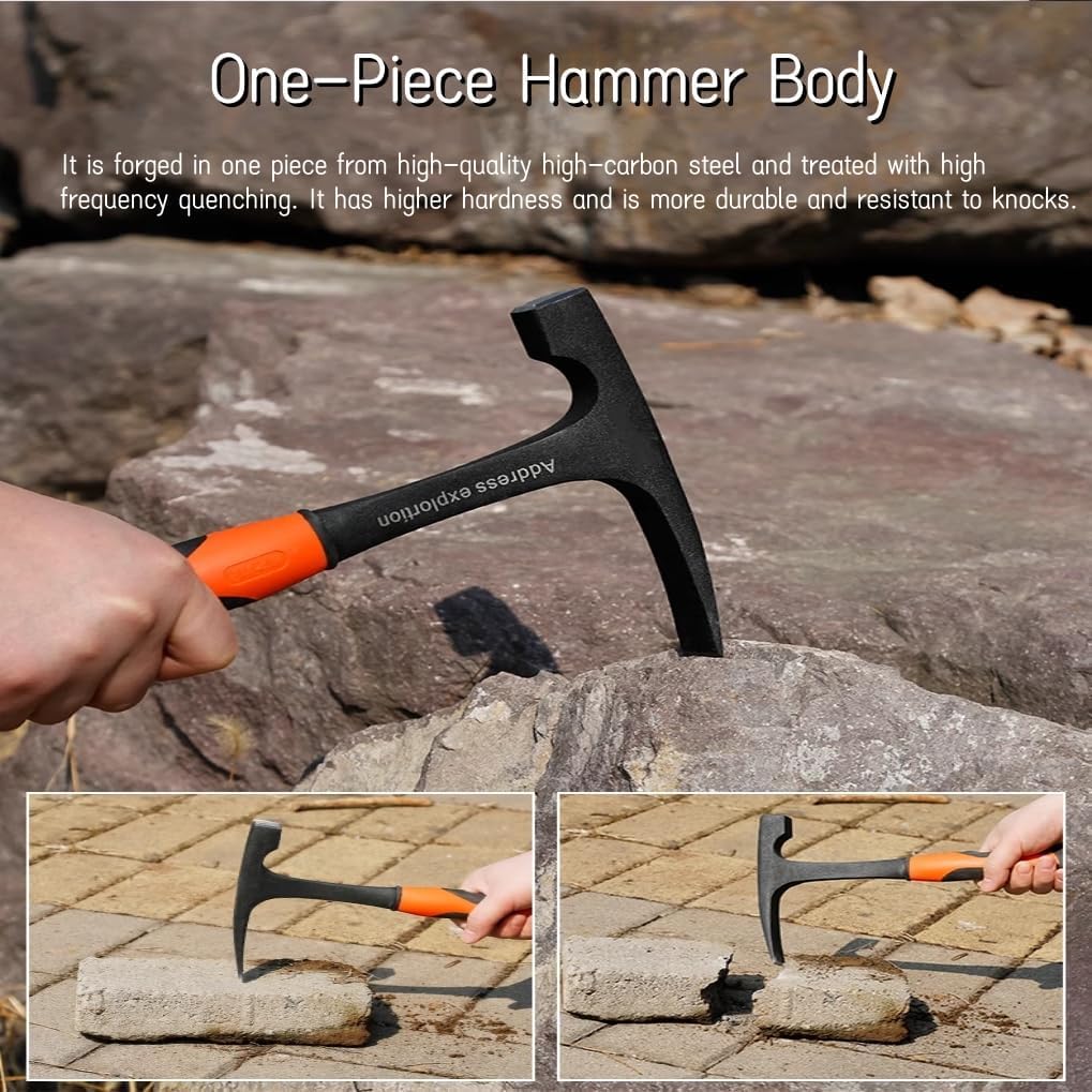 Martello Geologico a Punta Professionale, Martello da Esplorazione, Piccone da Roccia con Impugnatura Ammortizzante 290 mm, Utensili Multifunzionali per Esplorazione Mineraria, Geologia, Archeologia