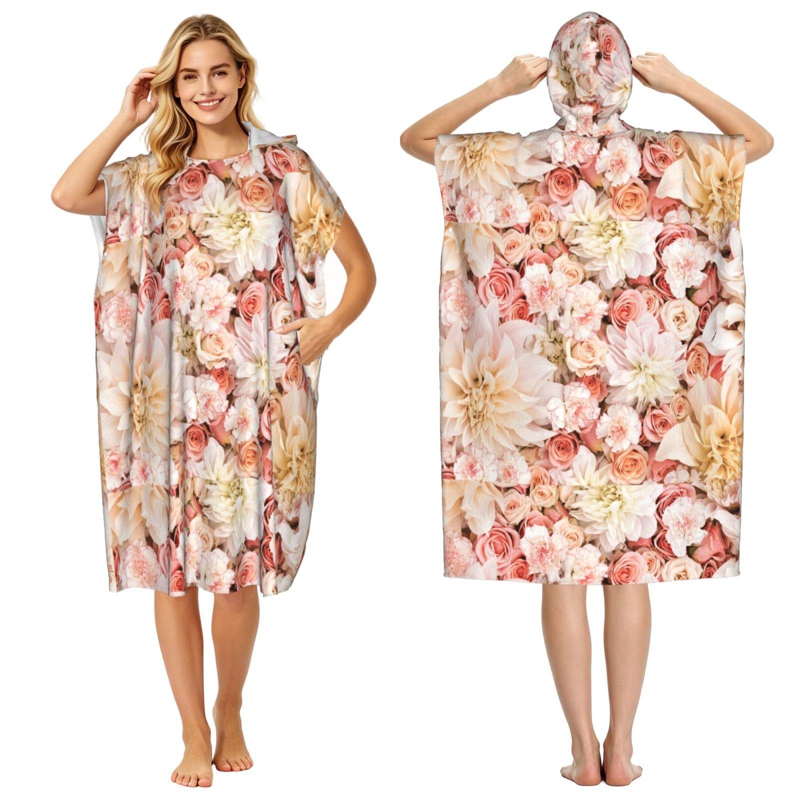 Poadnly Flower, Adult Hooded Beach Towel 90 x 110 cm,Changing Bath Robe, Surf Poncho Towel For Women Men