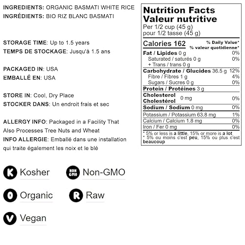 Vista 3 de Arroz basmati blanco orgánico, 1 libra – Sin OMG, variedad de arroz de grano largo, fragante, kosher, vegano, a granel. No irradiado. Menos