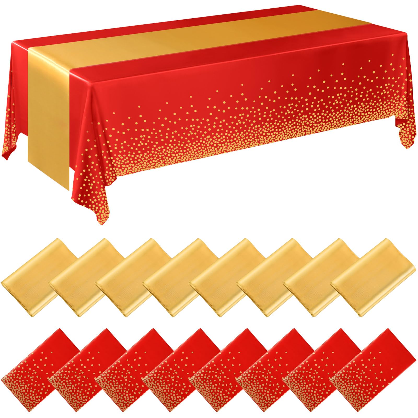 Tudomro 16 Pcs Red and Gold Disposable Plastic Tablecloths and Satin Table Runner Set 54x108 Inch Tablecloth 12x108 Inch Table Runners for New Year Wedding Birthday Baby Shower Graduation