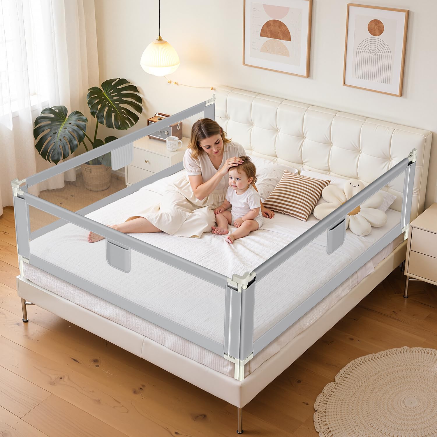 1x180CM+2x200CM Barriera per letto, Barriera pieghevole per letto per bambini, Protezione per letto per bambini per prevenire le cadute, Barriera per bambini piccoli, Facile da montare, Grigio