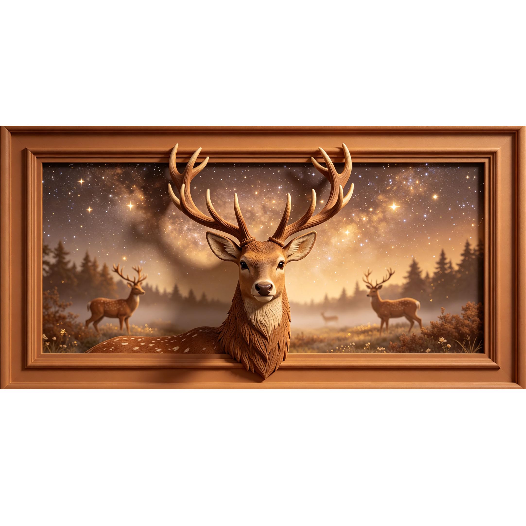 Agglomerix 3D Framed Wall Art Deer Forest Night Sky Stars Landscape Large Size Self-Adhesive Removable Wall Decor Prints Artwork for Living Room Bedroom Office