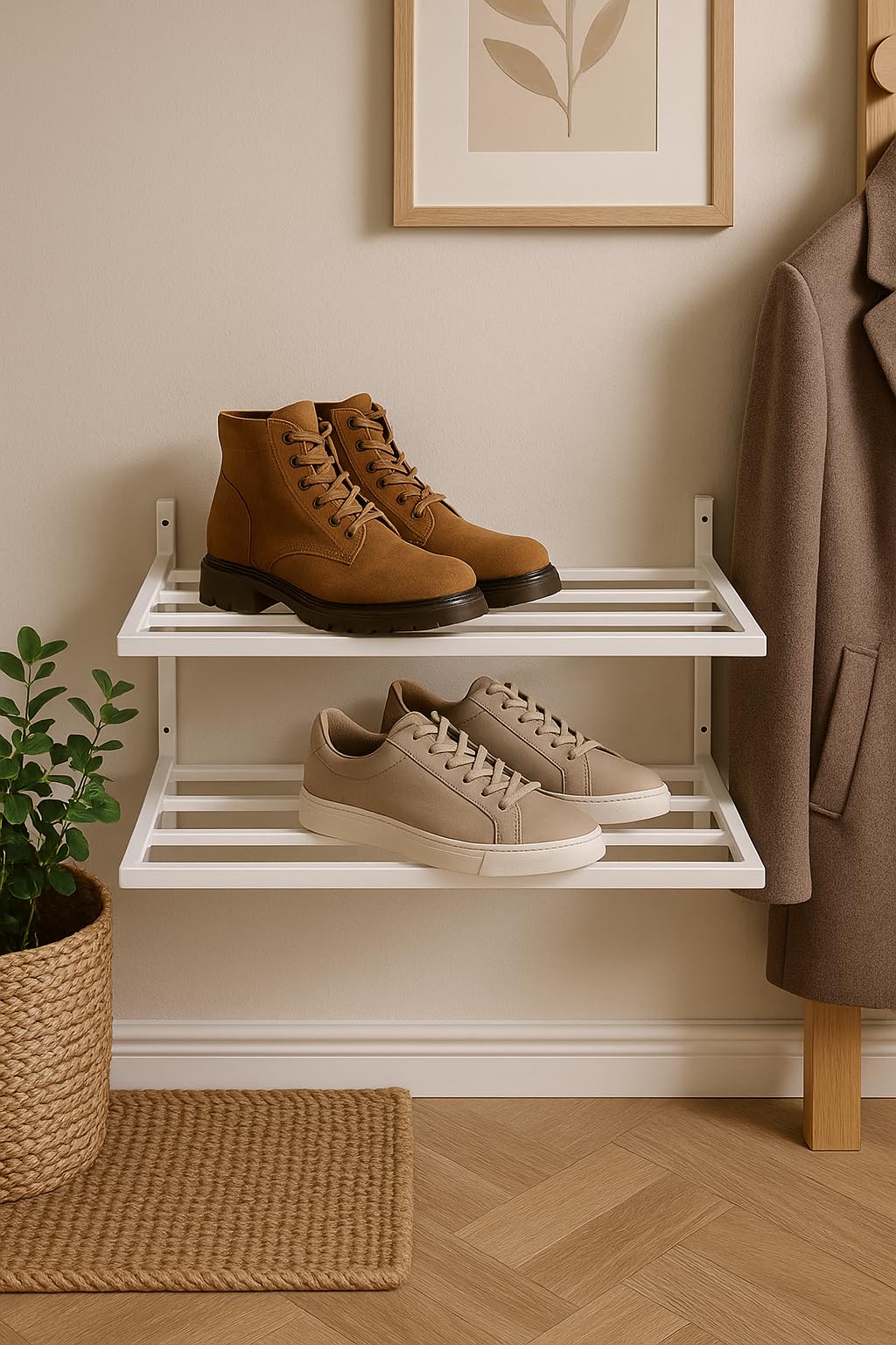 Metalowy Organizer na Buty - Wiszący Regał na Buty - 50 x 33 x 31 cm - 2 Poziomy, Montaż Ścienny - Półka na Obuwie do Przedpokoju, Garderoby - SCARPE - Biały