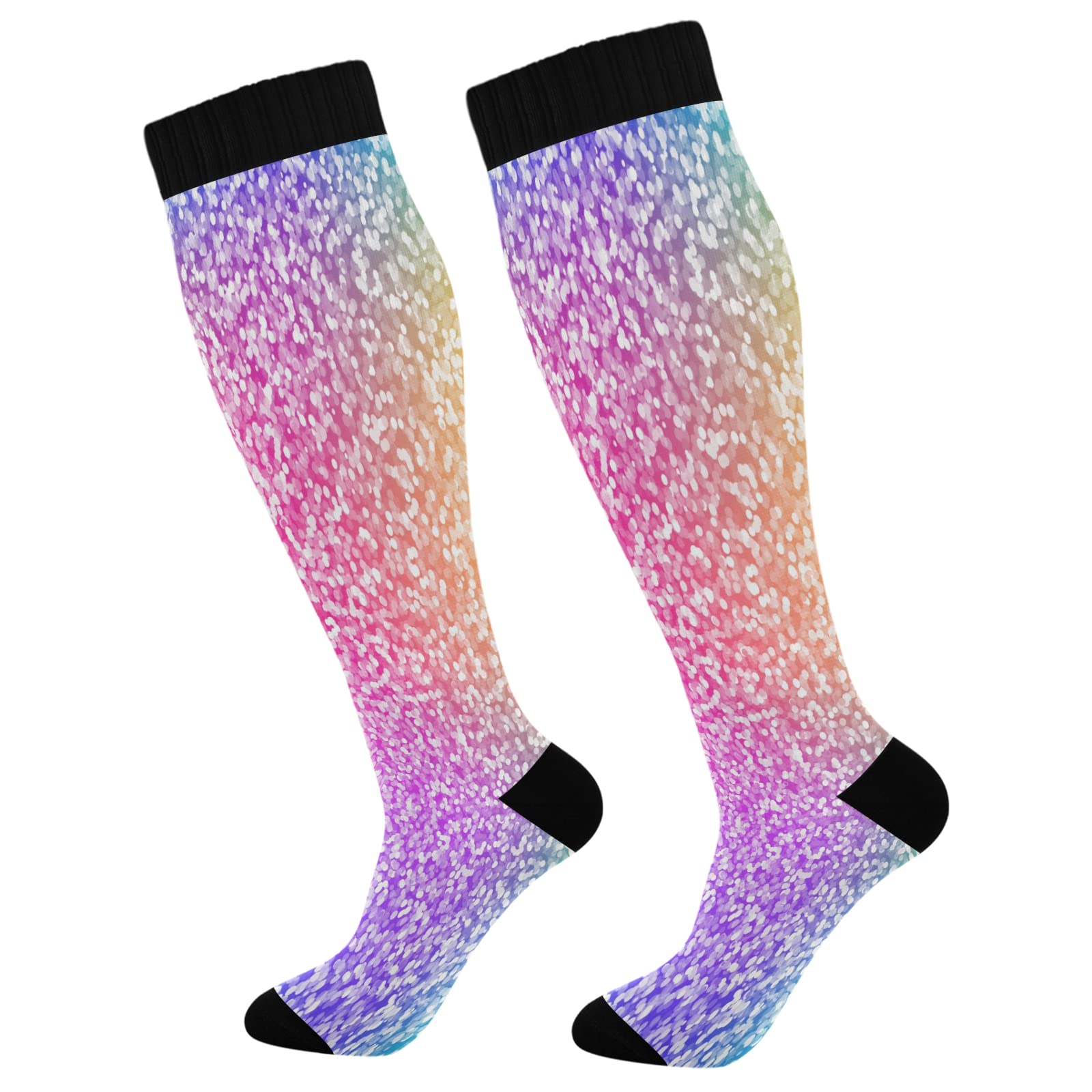 KLL Christmas Compression Socks for Men and Women Golden Glitter In Shiny Red Knee High Socks