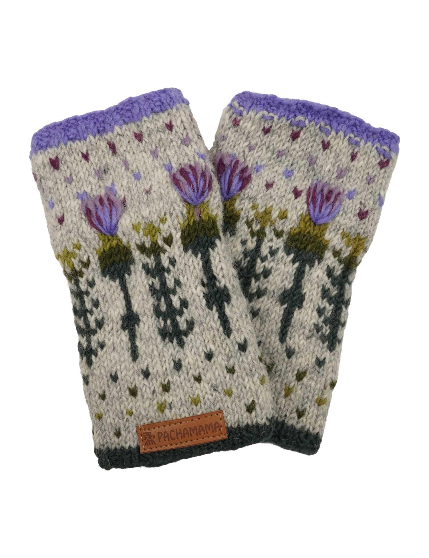 Pachamama Women Wool Hand Wrist Warmers Fleece Lined Handknitted Scots Thistle Design Multicoloured One-Size Handmade Extra Warm Fair Trade