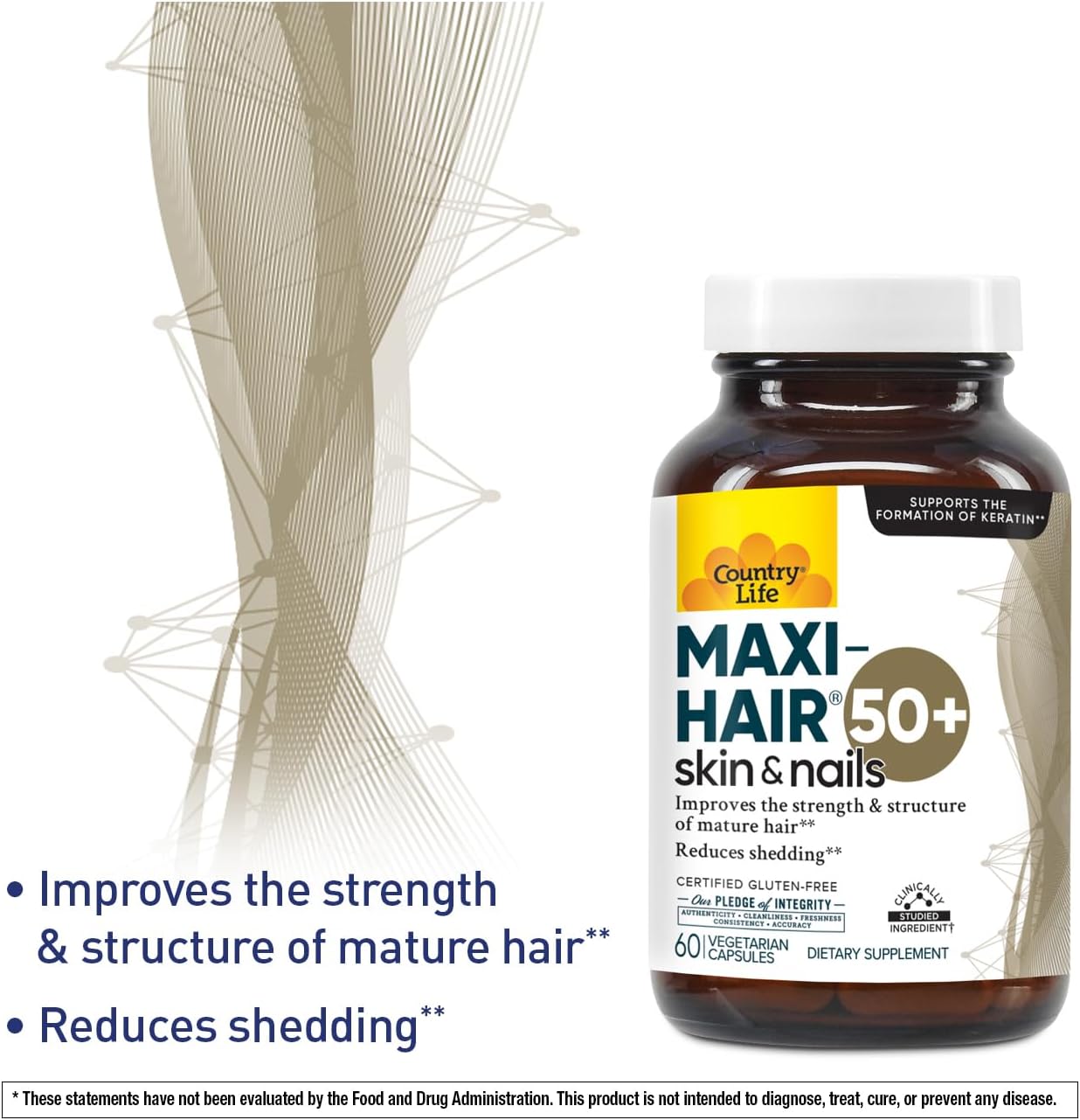 Country Life Maxi-Hair 50+ – Biotin-Based Hair, Skin & Nails Supplement for Women & Men Over 50 | Supports Healthy Hair Growth & Reduced Shedding | Certified Gluten-Free & Vegetarian | 60 Capsules - Image 2