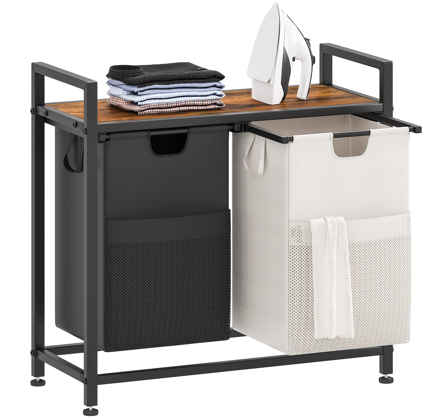 Aowos Laundry Basket, 112L Large Double Laundry Hamper, Freestanding Laundry Sorter Organizer 2 Section with Top Shelf & 2 Removable Washable Bags & Side Pockets for Dorm, Rustic Brown and Black
