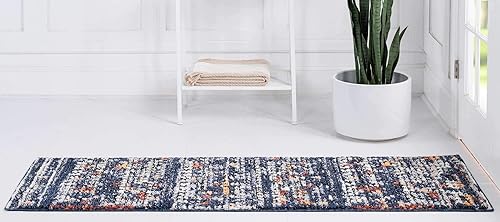 Miniatura 4 de Unique Loom Morocco Collection - Tapete bohemio con borde abstracto, diseño de diamante, alfombra de área (2 pies 2 pulgadas x 6 pies, color azul