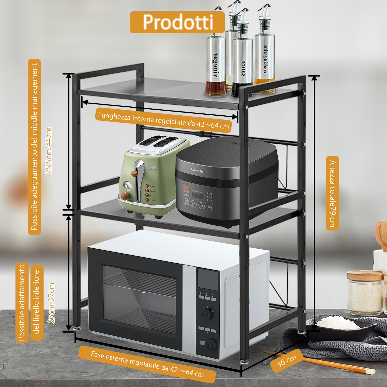 Scaffale per microonde a 2 strati, per tostapane, per cucina, larghezza telescopica 40-63 cm (ottimale entro 60 cm) con gancio mobile, portata 75 kg (nero)