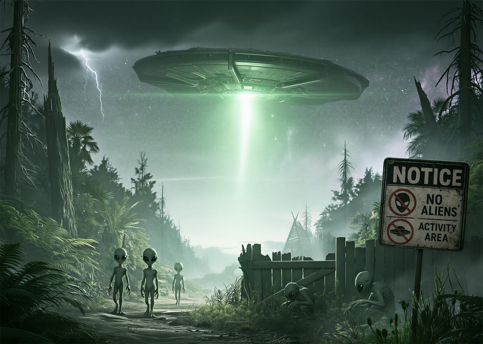 10x10FT Stoff UFO Landung Kiefernwald Hinweisschild Hintergrund