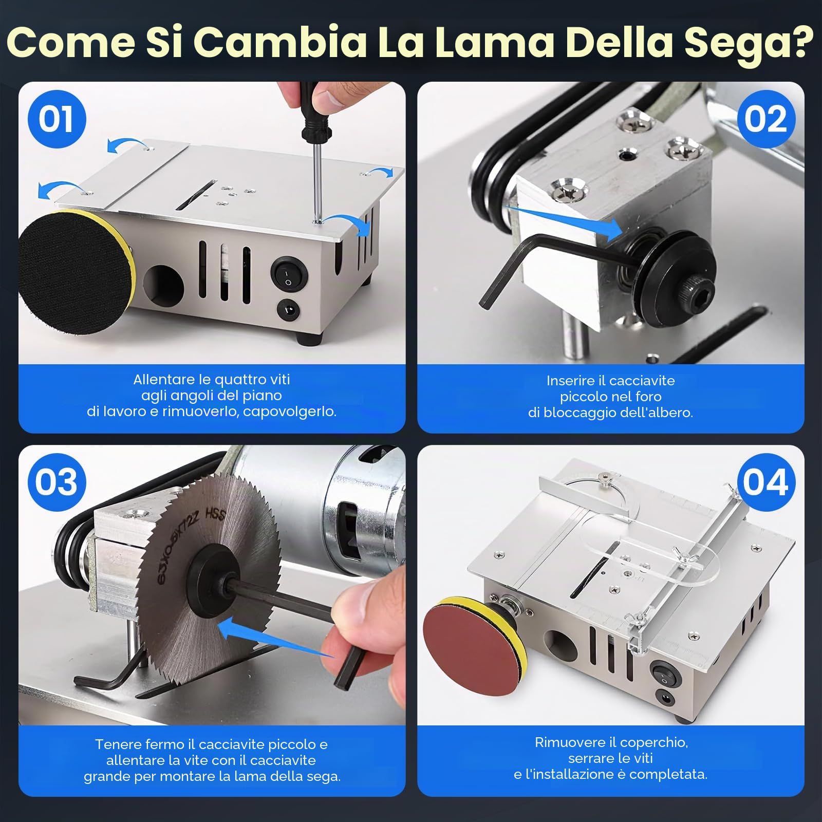 Mini sega circolare da tavolo con disco per lucidatura e 4 lame, mini sega circolare con alimentatore di rete a 7 marce, lama per sega regolabile da 0,1 a 15 mm, sega circolare portatile piccola per