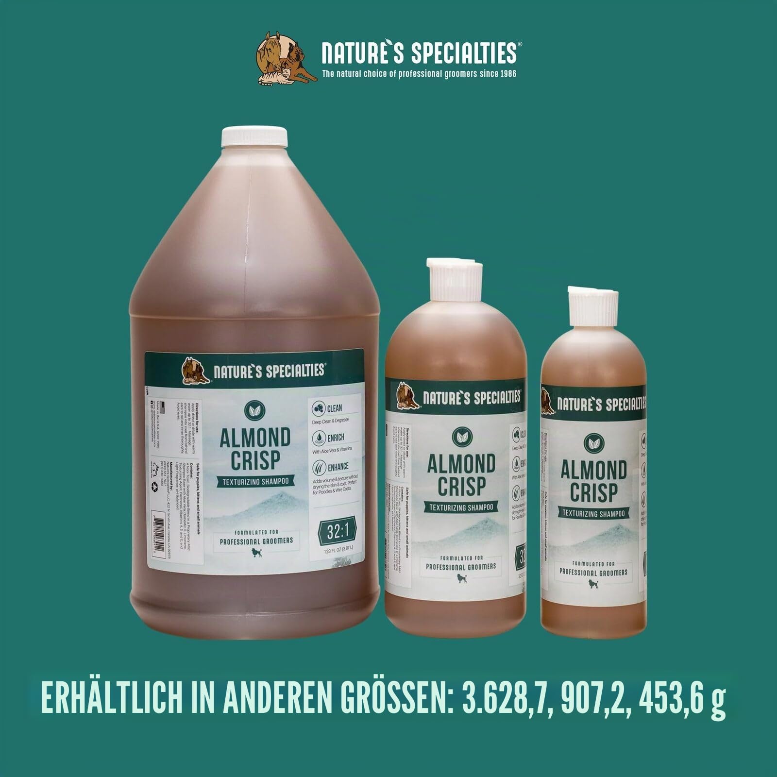 Nature's Specialties Almond Crisp Hundeshampoo - Tiefenreinigendes & Aufbauendes Hundeshampoo - Verleiht Struktur & Volumen - Ideal für Ausstellungsfelle - Lang Anhaltender Duft, 3.8L