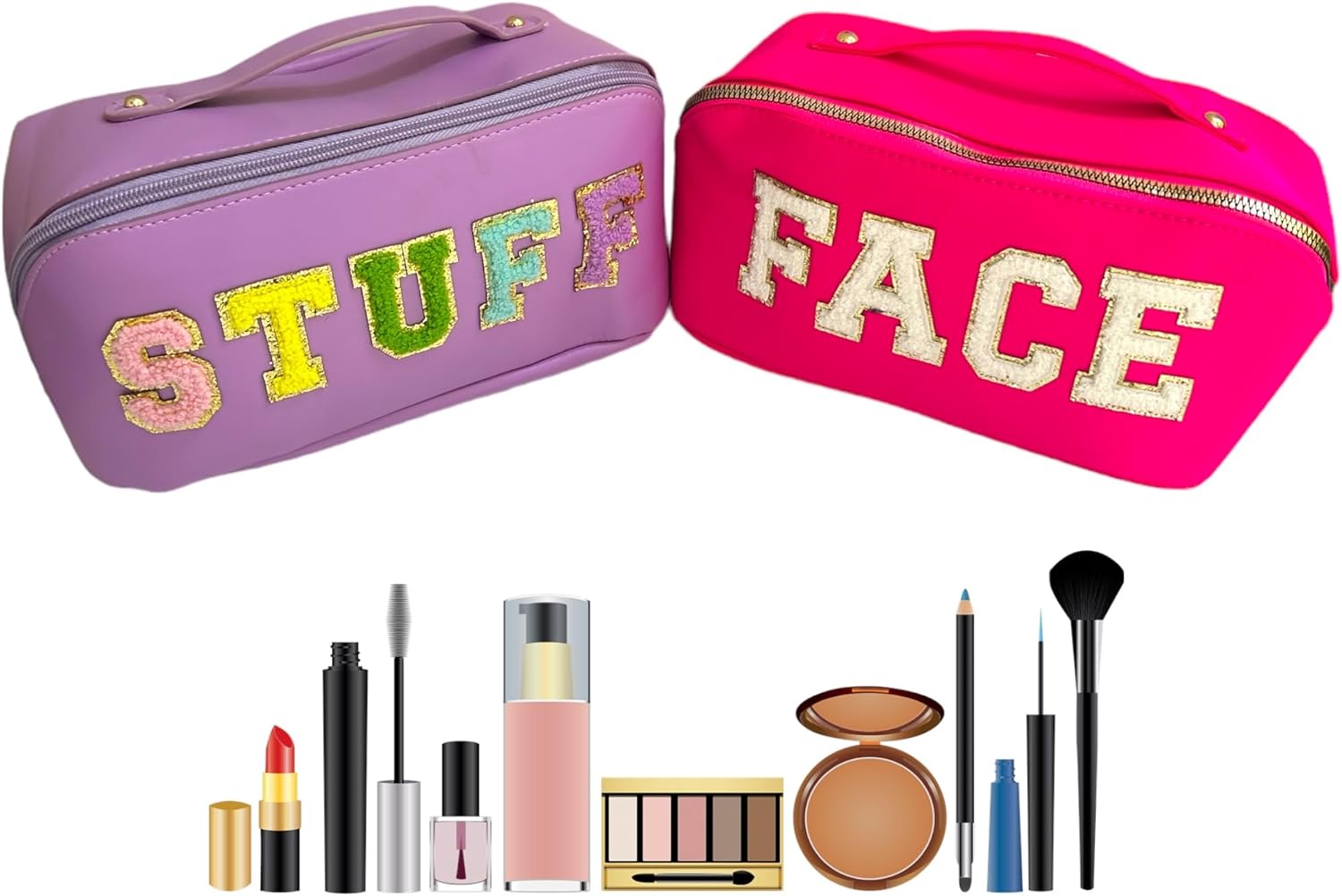 Chenille Letter Bags for Makeup- 2Pcs Set Face & Stuff Large Capacity Preppy Bags for Travel, Lay Flat Nylon & PU Leather Cosmetics Toiletry Makeup Bags (Hot Pink + Purple)