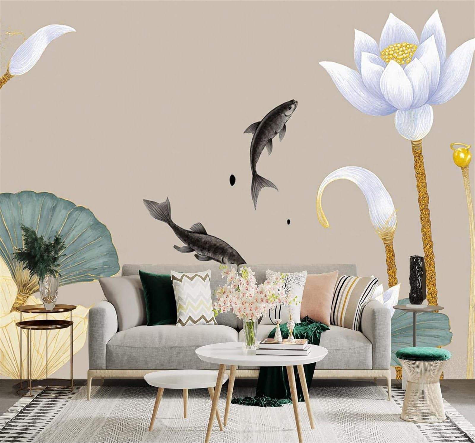 XLMING Minimalist Hand Drawn Black Fish White Lotus Elegant Waterscape Garden 3D Wallpaper Silky Texture Home Study Office Grey Dining Room Sofa Bedroom Living Room TV Backdrop-200cm×140cm
