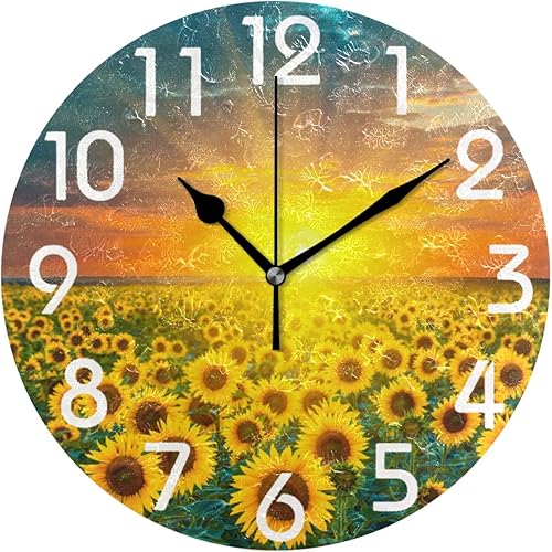 Naanle Reloj de pared redondo con estampado de campo de girasol y amanecer en 3D, 9.5 pulgadas, funciona con pilas, analógico, silencioso, de