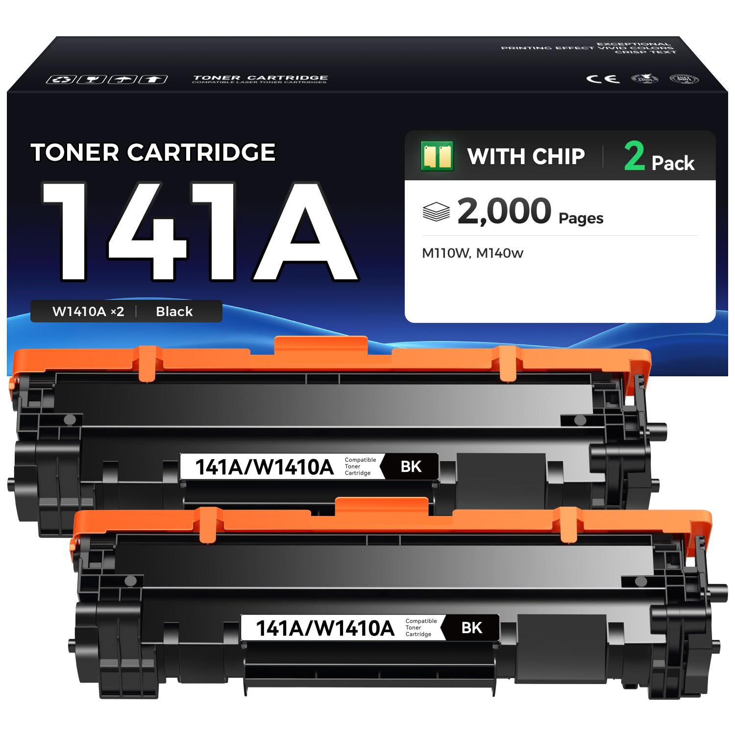 141A Toner Cartridges (Black 2-Pack with Chip) - Replacement for HP 141A W1410A 141X W1410X Toner Cateridge - Compatible with Laserjet M110w MFP M139w M140w Printer M139 M140 M110 M139we M140we M110we