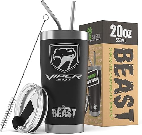 Miniatura 1 de 1992-02 SRT10 Viper Sneaky Pete Logo BEAST Vaso aislado de acero inoxidable de 20 onzas con tapa, 2 pajillas, cepillo y caja de regalo, color negro