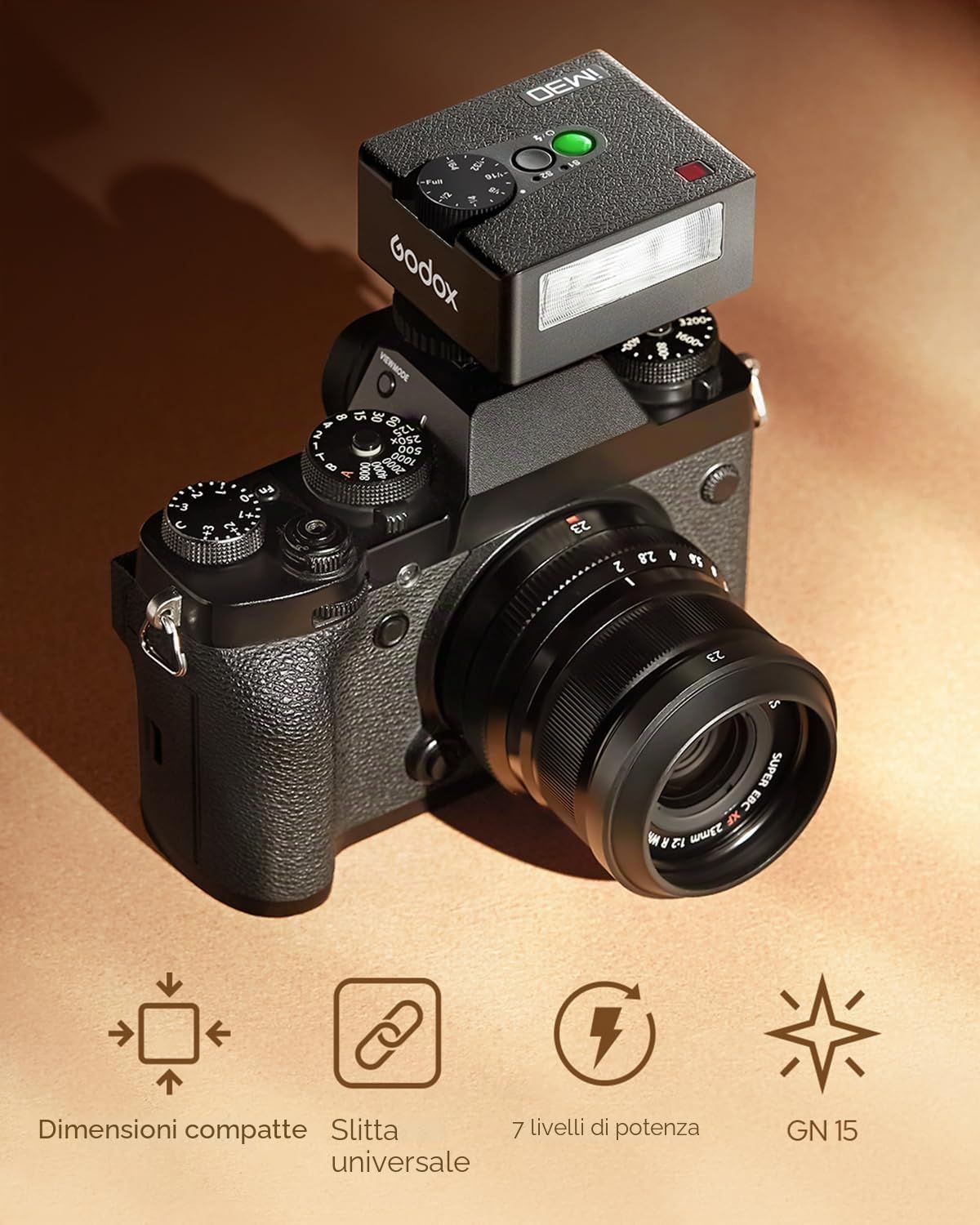 Godox iM30 Flash Tascabile per Fotocamera, Controllo Ottico S1/S2, Temperatura Colore 6500 K ± 200 K, 7 Livelli di Potenza (1/64~1/1), Numero Guida 15 (ISO 100, Metro)