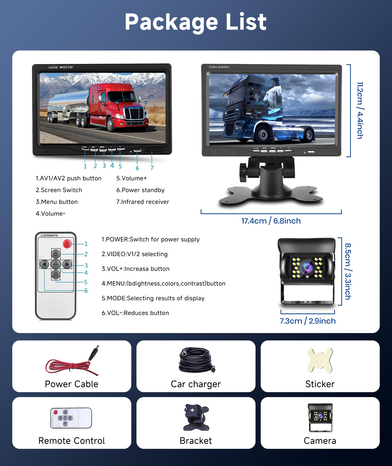 Telecamera di Retromarcia Set per Auto, 7 Pollici Monitor LCD TFT, IP68 Impermeabile, 18IR Visione Notturna, Cavo di Prolunga Aeronautico da 65 piedi a 4 Pin per Camper/Autobus/Rimorchio/Camion