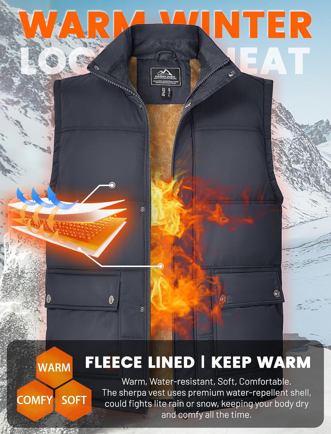 MAGCOMSEN Men's Winter Vest Outerwear Fleece Lined Outdoor Vest Warm Sleeveless Jacket - Image 3