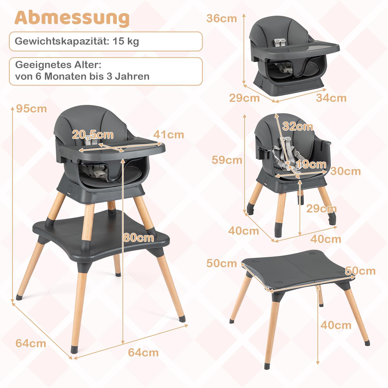 COSTWAY 9 in 1 Hochstuhl Baby, Kinderhochstuhl mit Sitzerhöhung, abnehmbarem Tablett, Sicherheitsgurt & Sitzkissen, Kombihochstuhl umwandelbar, Essenstuhl für Kinder von 6-36 Monaten (Dunkelgrau)