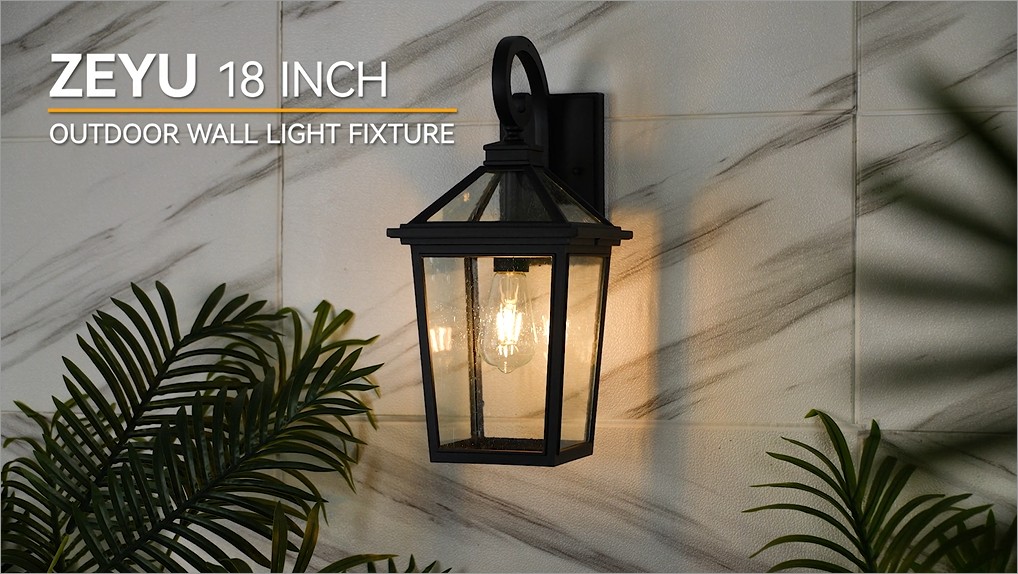 Image of zeyu 18 Inch Outside Light Fixture, Exterior Wall Lighting Fixture for House Porch, Die-Cast Aluminum with Seeded Glass, Black Finish, ZX58MB BK