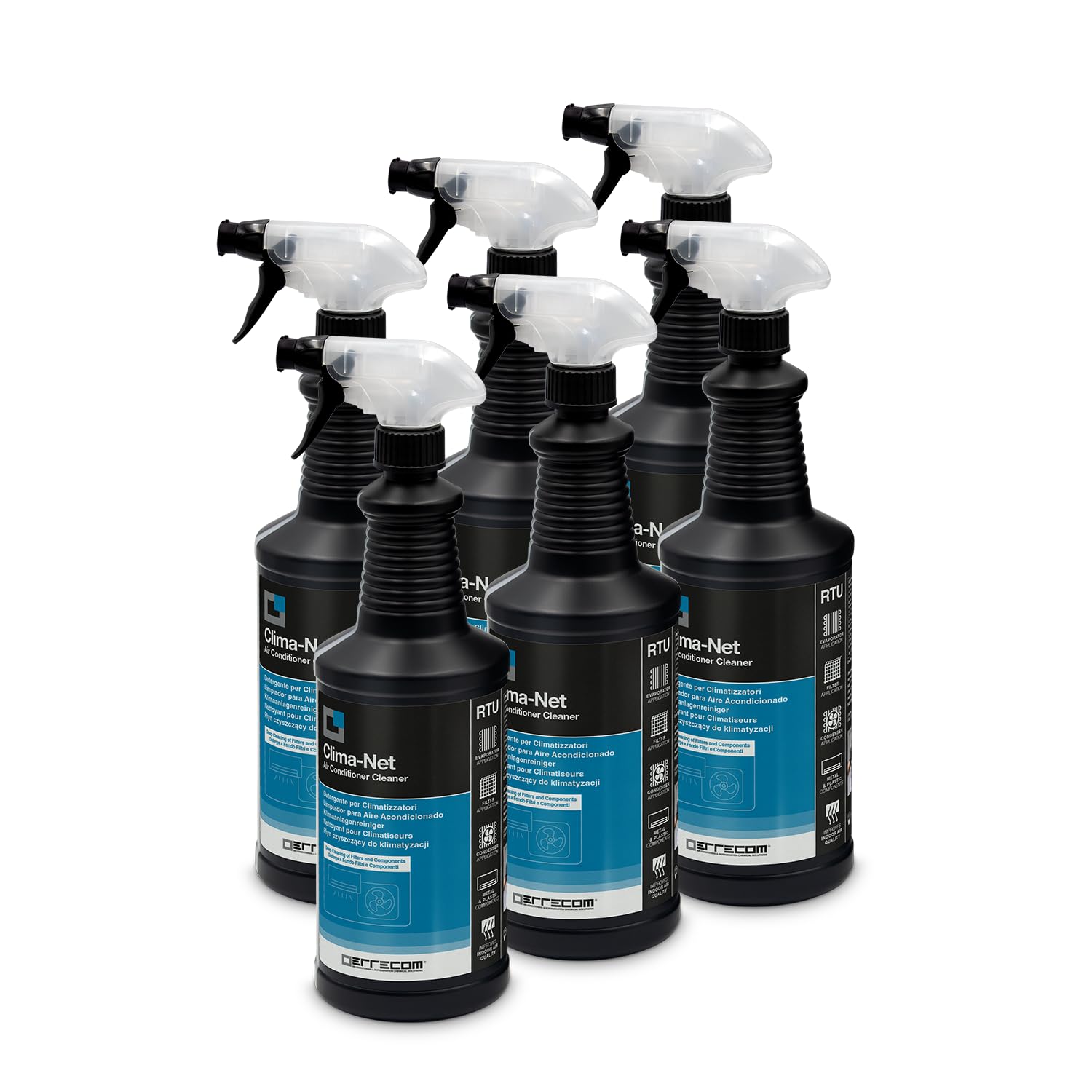 Errecom Clima-Net, Detergente per Climatizzatori, Filtri, Batterie Alettate, Deflettori e Unità esterne, Pulizia Profonda Condizionatore, Rimuove Sporco e Cattivi Odori, 6 flaconi x 1 L