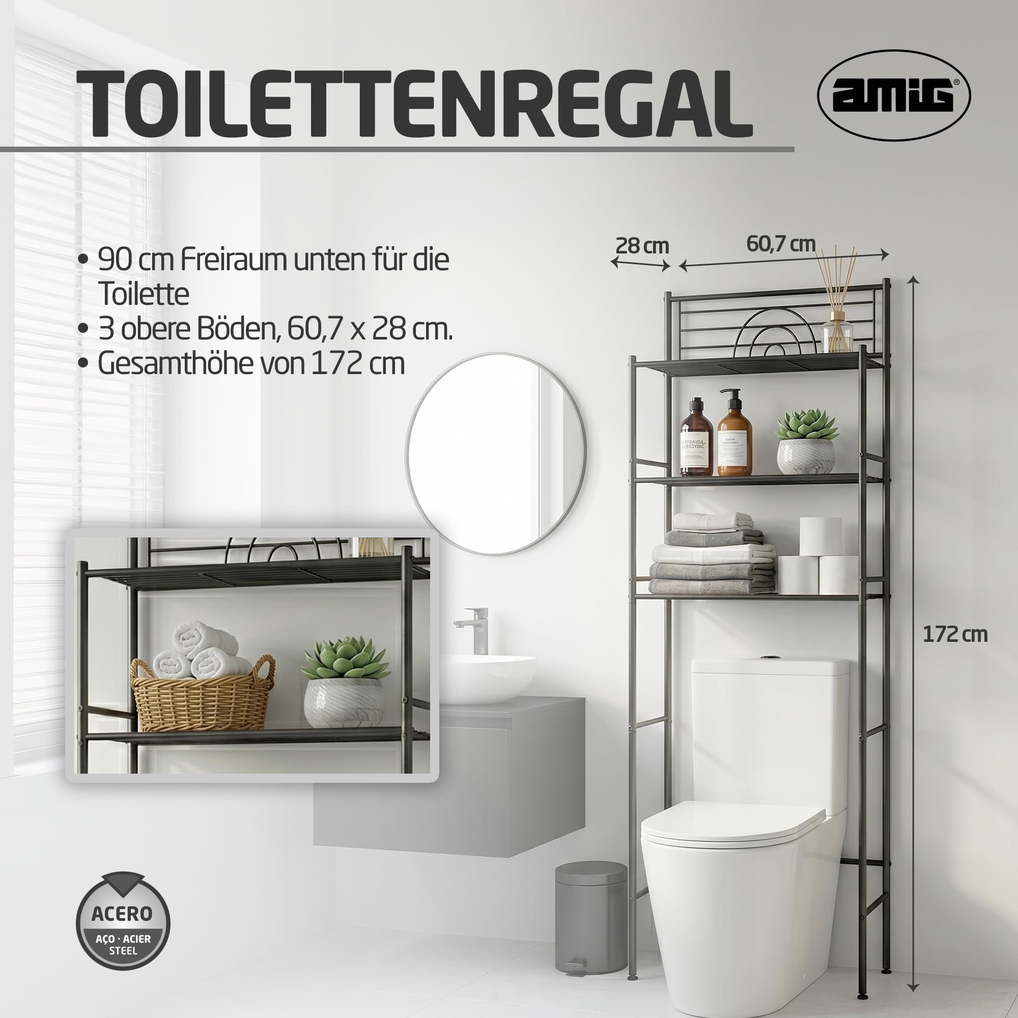 Amig - Badezimmerregal über Toilette Mod. ORIA - 3 Höhen - Hergestellt aus Stahl - Matt schwarz - Mit verstellbaren Füßen - 60,7 x 28 x 172 cm