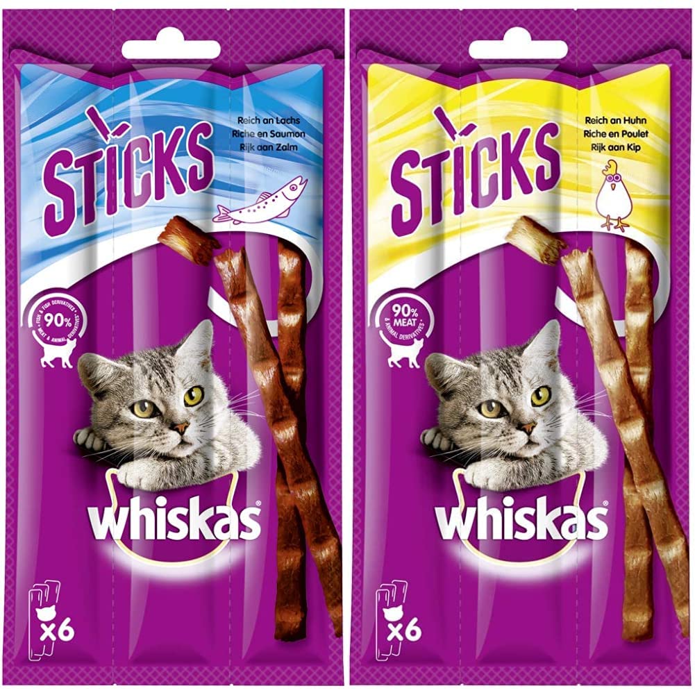 Whiskas Sticks – Katzensnack mit Lachsgeschmack – Unwiderstehliches Geschmackserlebnis – Viele Vitamine und Mineralstoffe – 14 x 36g & Sticks – Katzensnack mit Hühnchengeschmack – 14 x 36g