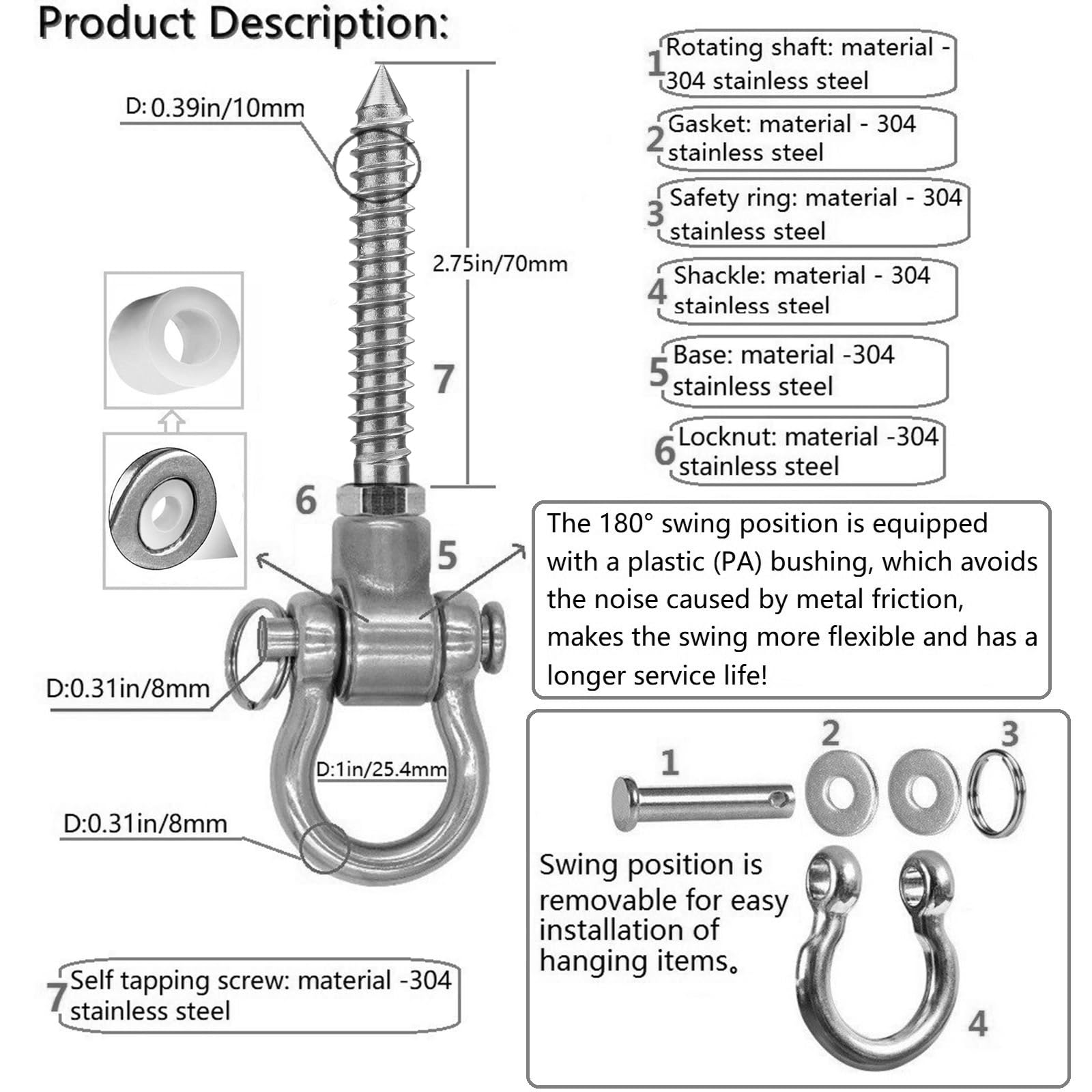 WWFFEN 2 Bearing Swing Hangers Permanent Anti Rust Heavy Duty 180° Swing, 1500 lb Capacity sandbag Yoga Swing Hammock Chair