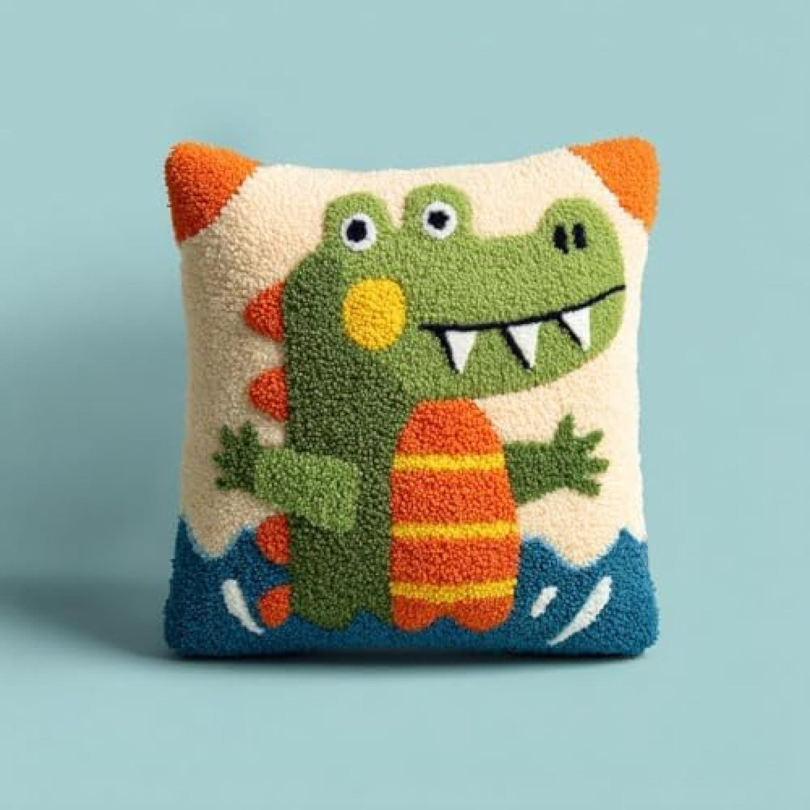 kitphoenix Adults DIY Cushion Cover Craft Kit,Swimming Alligator,Relaxing Latch Hook Hobby Set with Printed Canvas and Yarn,Gift Idea for Women