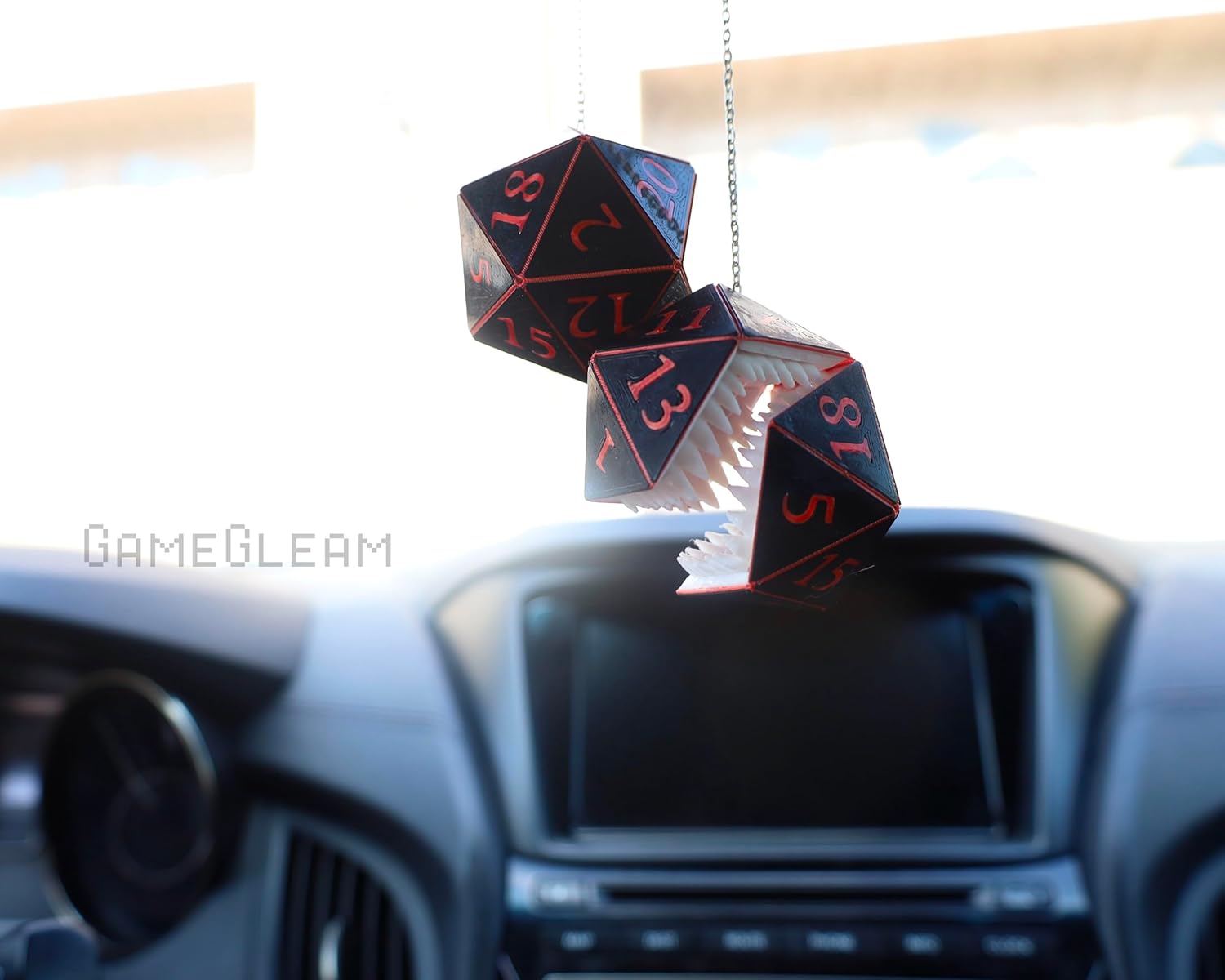 Pair of Mimic D20 Car Mirror Dice [2" Black and Red Holographic] - Hanging car Charm Rear View Mirror danglers - GameGleam (Black Body + Red Numbers)