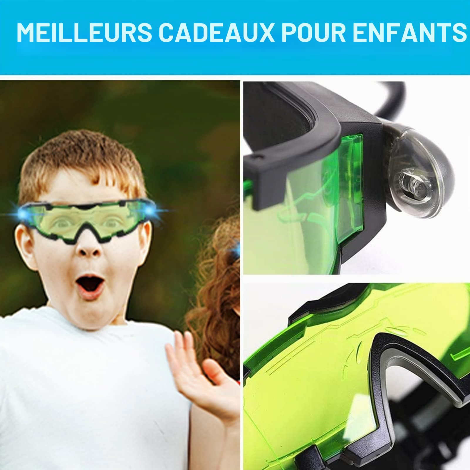 Wovatech Lunettes de Vision Nocturne | Lunettes de Protection à lentille Verte Nocturne à Del pour Enfants réglables avec lumières rabattables